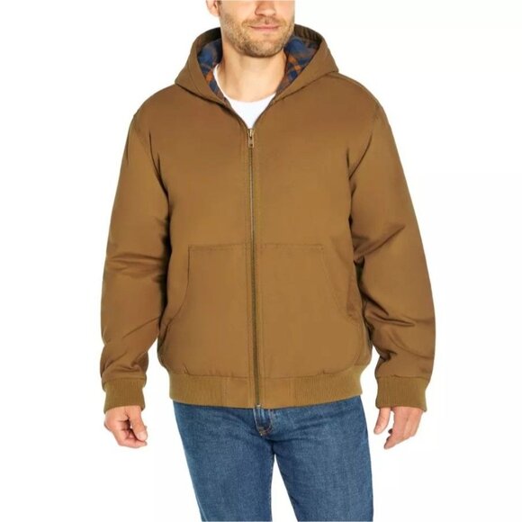 Woolrich Men's L Canvas Hooded Jacket Plaid Kangaroo Pocket Zipper Hoodie Brown